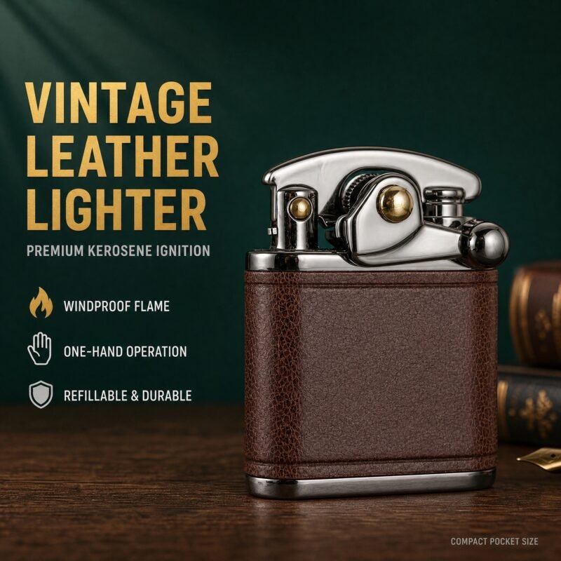Vintage Leather Wrapped Kerosene Lighter - One-Hand Ignition, Windproof, Refillable