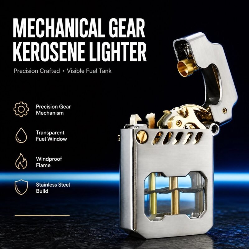 Mechanical Gear Kerosene Lighter - Visible Fuel Tank, Stainless Steel, Windproof