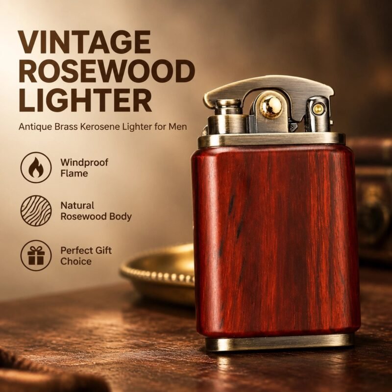 Vintage Red Sandalwood Kerosene Lighter - Antique Brass, Windproof, Refillable