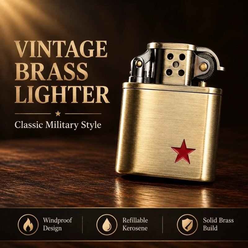 Vintage Brass Kerosene Lighter with Red Star - Windproof, Refillable, Military Style