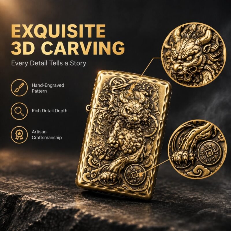 Vintage Chinese Pixiu Engraved Brass Lighter - 3D Relief Carving, Windproof, Refillable