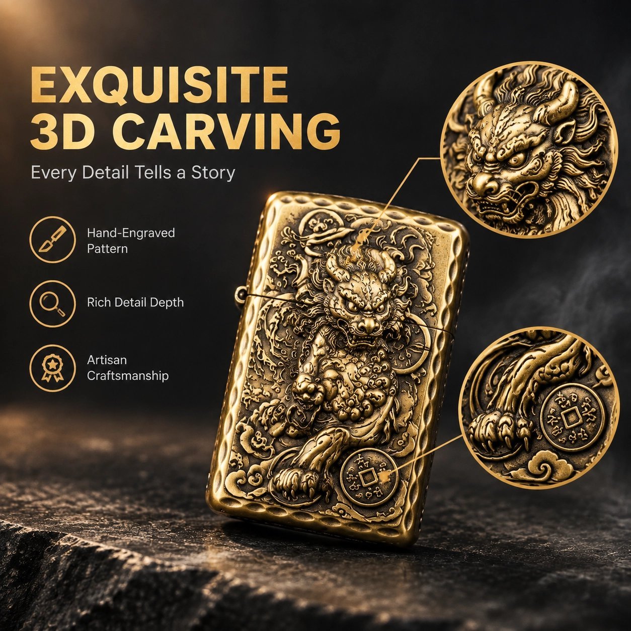 Vintage Chinese Pixiu Engraved Brass Lighter - 3D Relief Carving, Windproof, Refillable