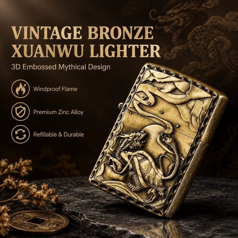 Vintage Bronze Xuanwu Embossed Lighter - 3D Relief, Windproof, Refillable, Zinc Alloy