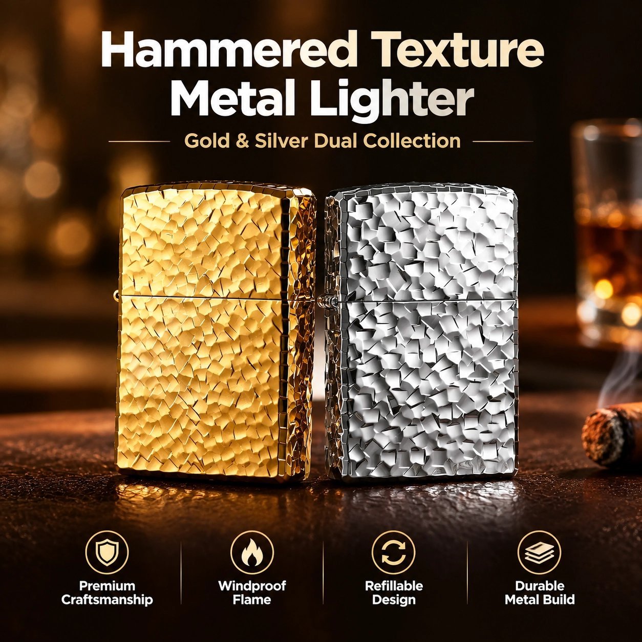 Hammered Texture Metal Lighter - Windproof, Refillable, Gold & Silver Options