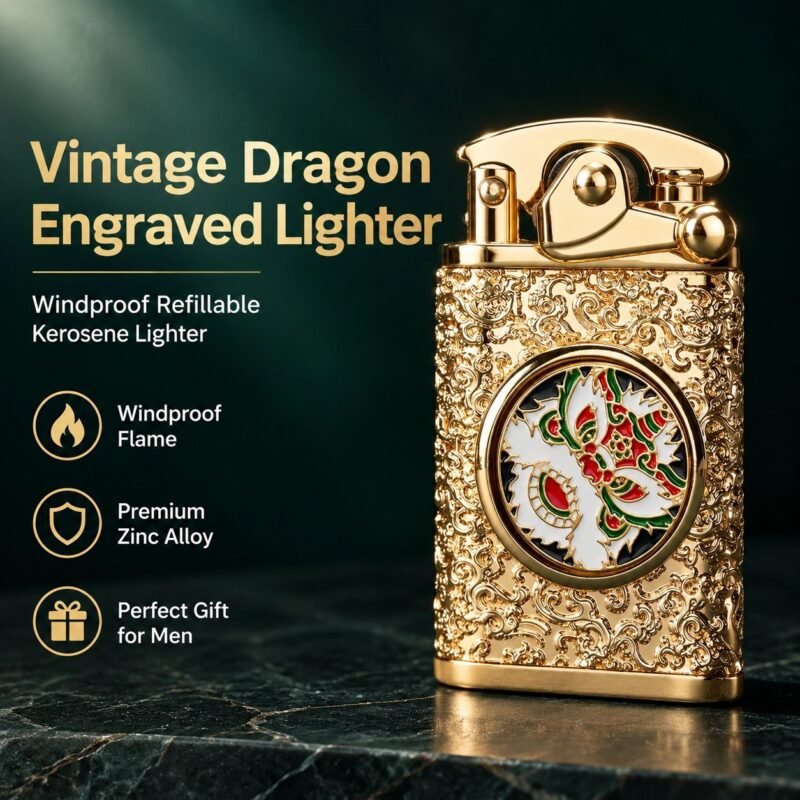Vintage Dragon Engraved Kerosene Lighter - Relief Design, Windproof, Refillable, Zinc Alloy