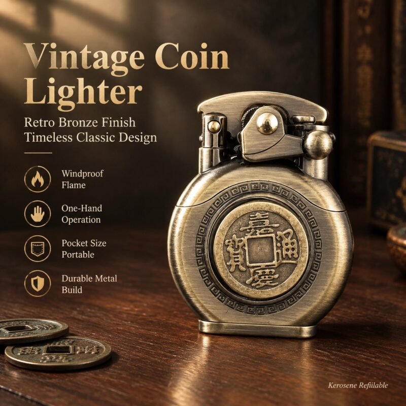 Vintage Coin Design Kerosene Lighter - Retro Bronze, Windproof, One-Hand Operation