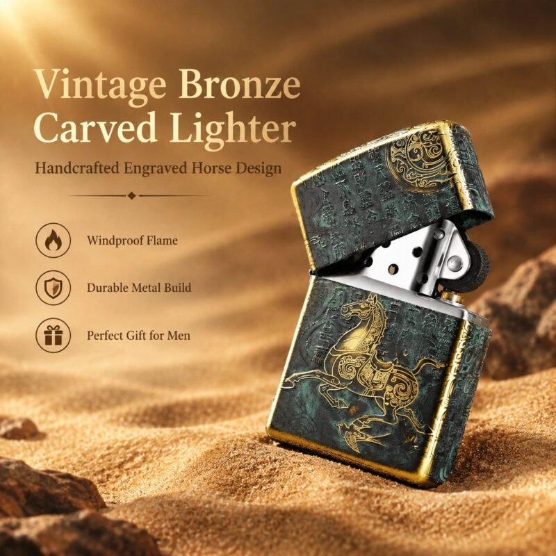 Vintage Bronze Carved Horse Windproof Lighter - Retro Craft, Refillable, Metal
