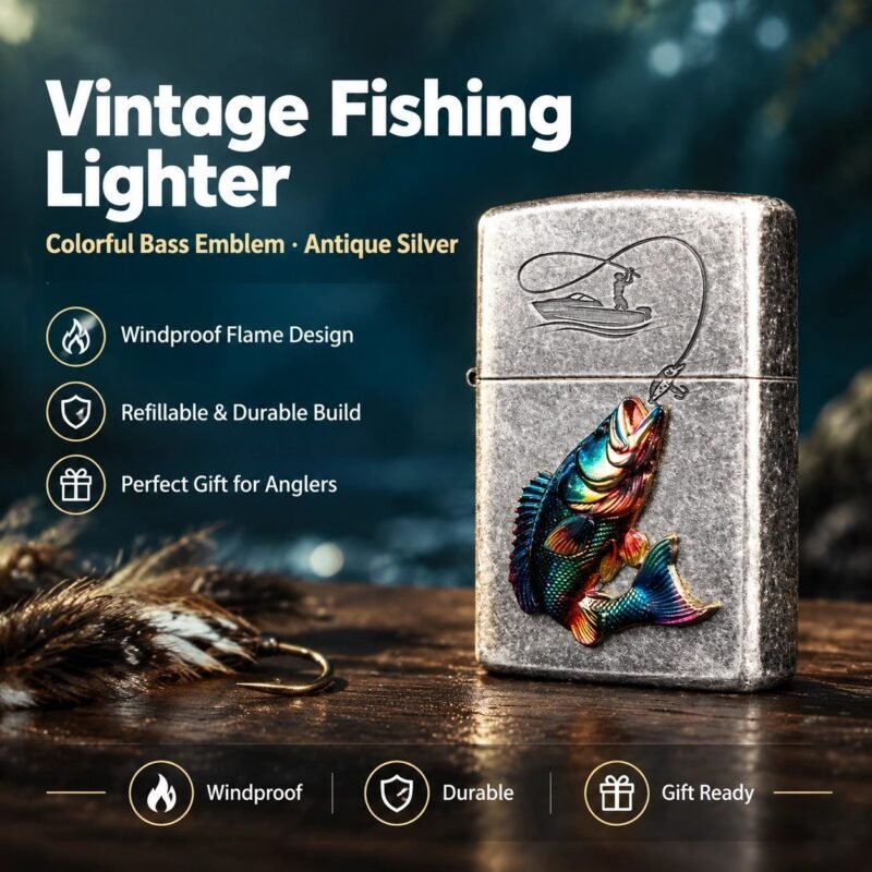 Vintage Silver Fishing Lighter - Colorful Bass Emblem, Windproof, Refillable