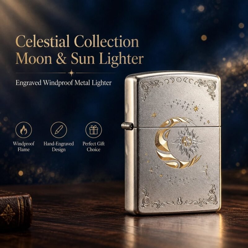 Celestial Moon & Sun Engraved Windproof Lighter - Vintage Filigree, Premium Metal