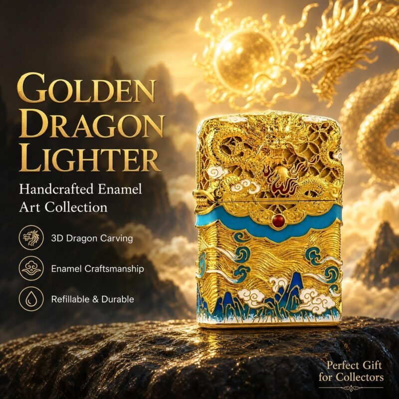 Golden Dragon Enamel Lighter - 3D Carving, Refillable, Gift Box Packaging