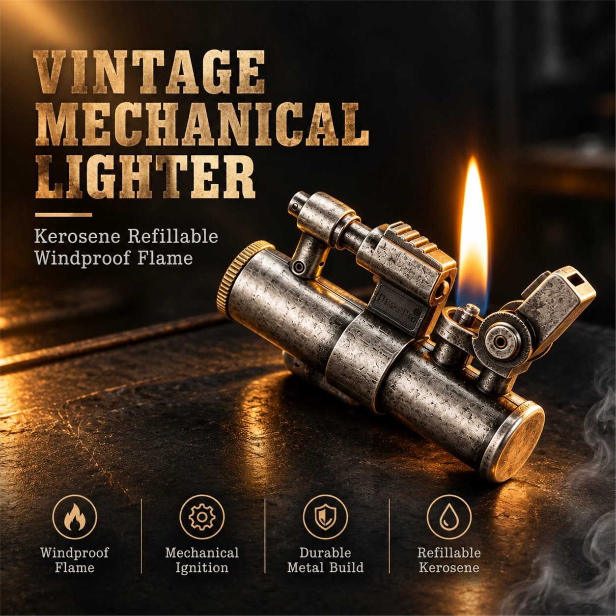 Vintage Mechanical Kerosene Lighter - Retro Industrial Design, Windproof, Refillable