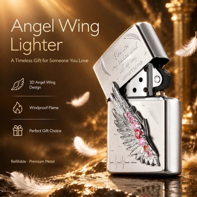 Angel Wing Lighter with Pink Rhinestones - 3D Design, Windproof, Refillable Metal
