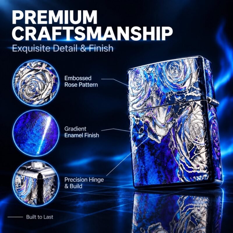 Blue Rose Windproof Lighter - 16-Hole Insert, Stable Flame, Refillable Metal