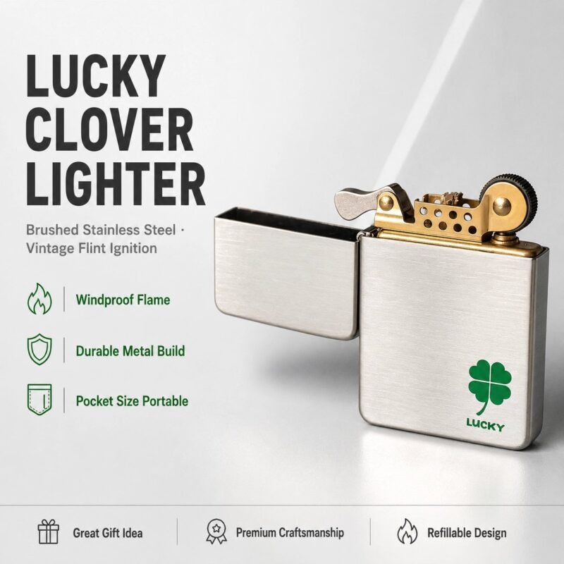 Lucky Clover Brushed Metal Lighter - Stainless Steel, Vintage Flint, Windproof