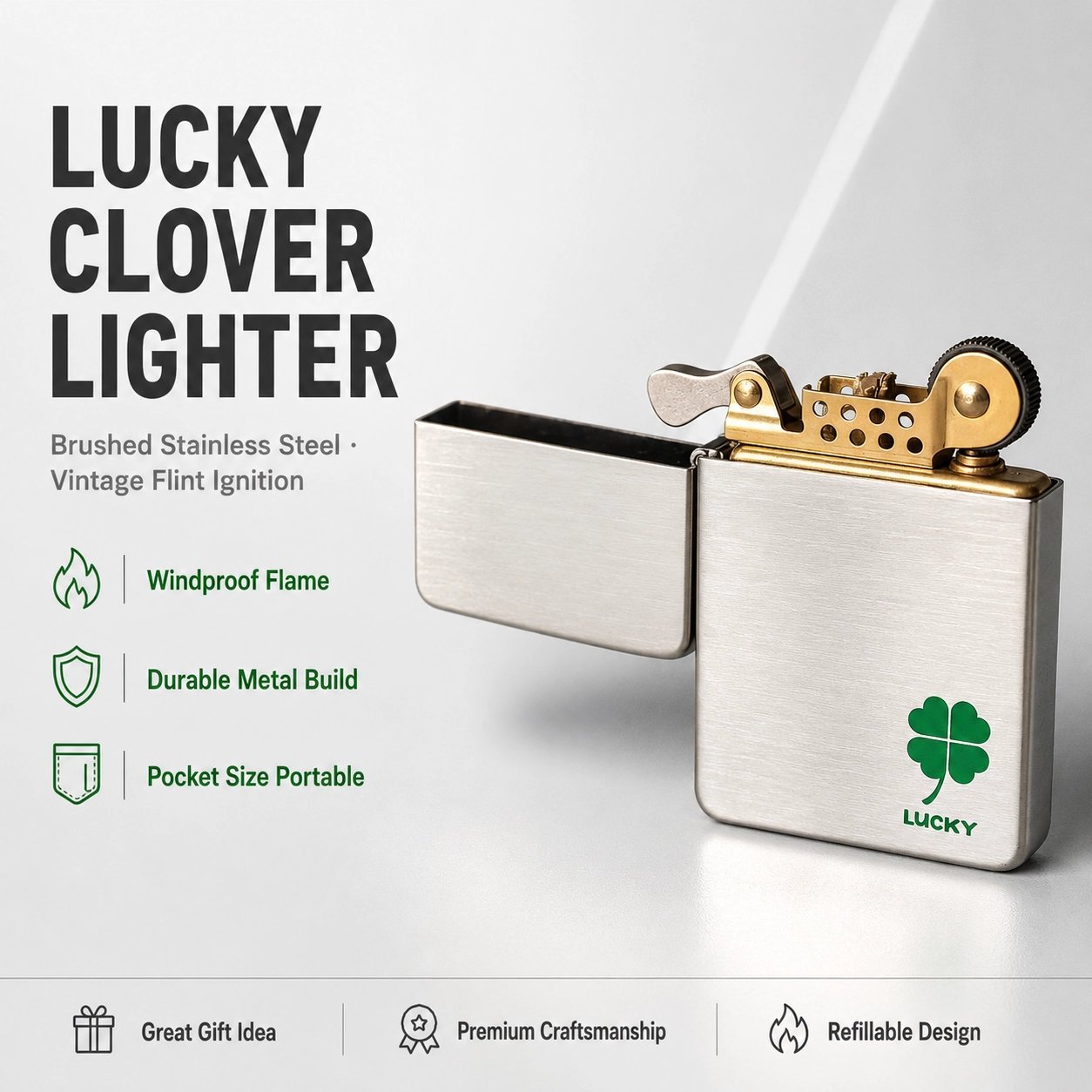 Lucky Clover Brushed Metal Lighter - Stainless Steel, Vintage Flint, Windproof