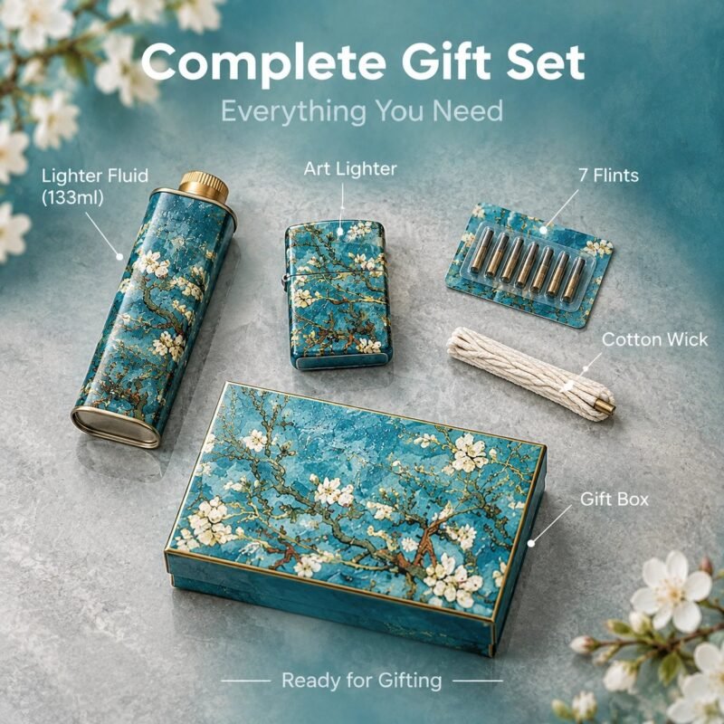 Van Gogh Almond Blossom Windproof Lighter - Refillable Metal, Gift Set with Fluid & Flints