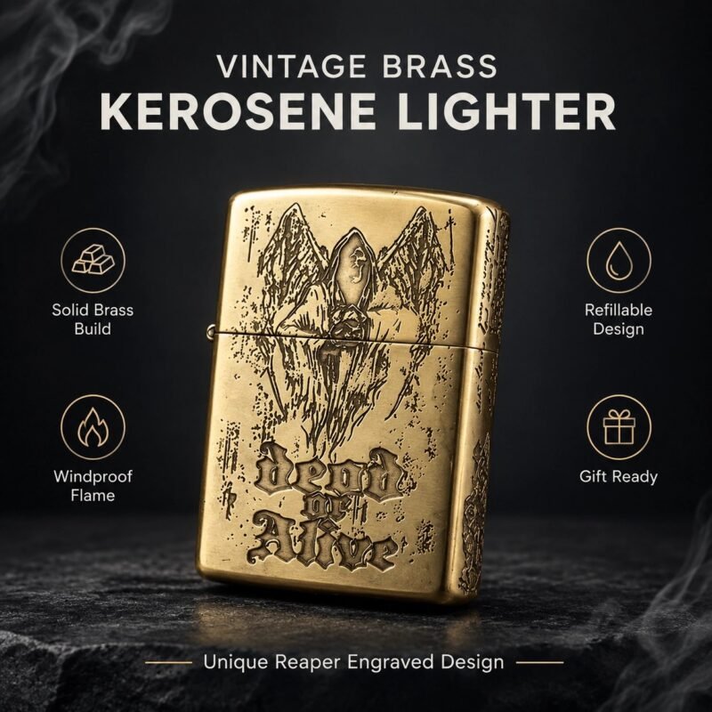 Vintage Brass Reaper Engraved Kerosene Lighter - Skull Art, Windproof, Gift Box Set