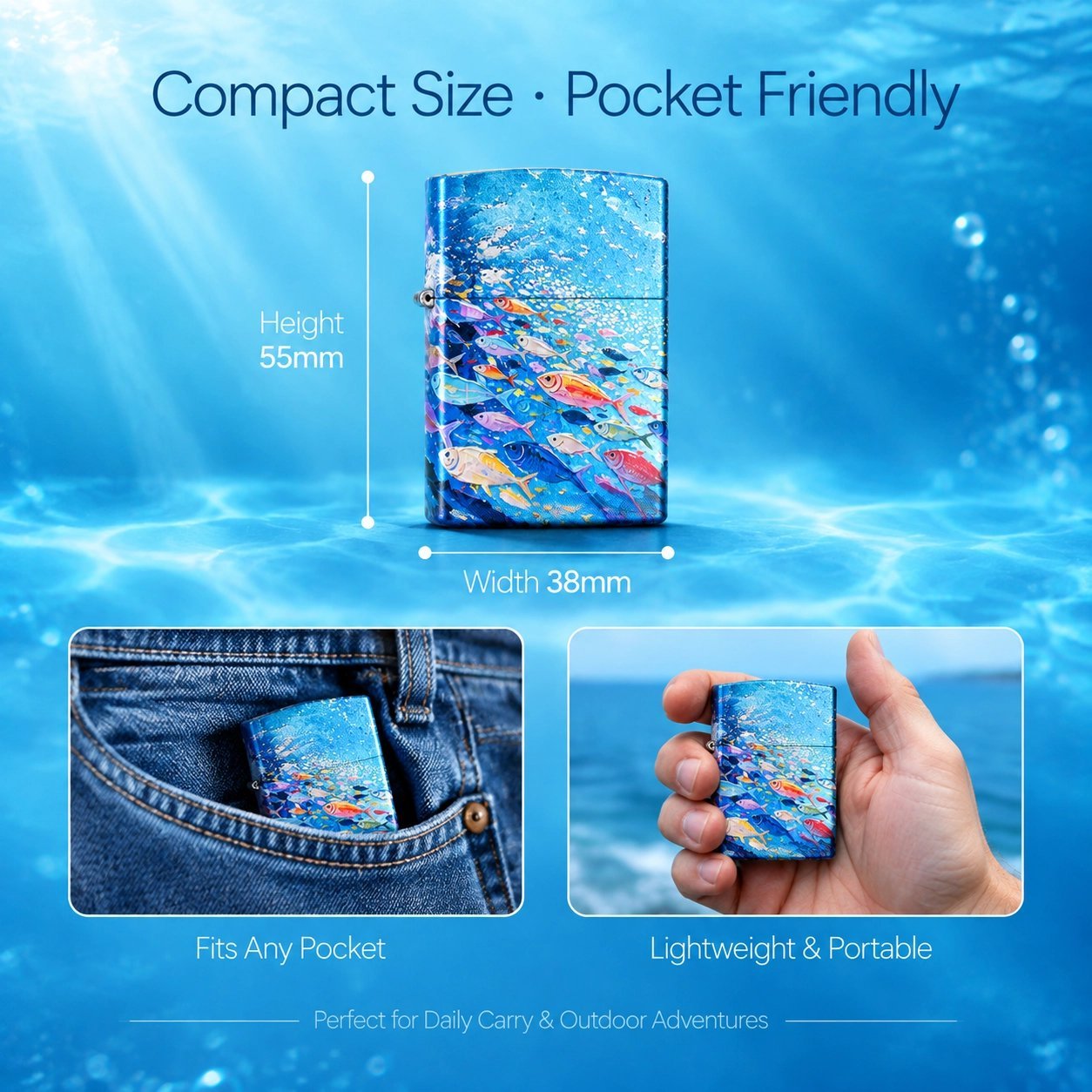 Ocean Fish Pattern Windproof Lighter - Vibrant Underwater Art, Refillable Metal