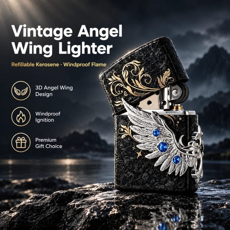 Vintage Angel Wing Lighter - 3D Blue Rhinestone Decor, Windproof, Refillable