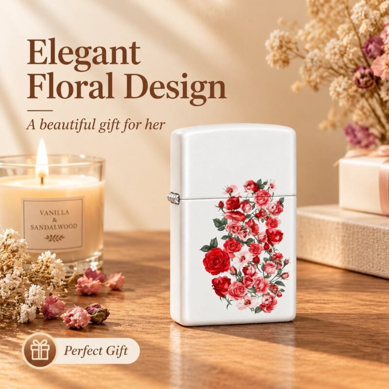 Vintage Rose Floral Windproof Lighter - Red Rose Pattern, Refillable, Compact