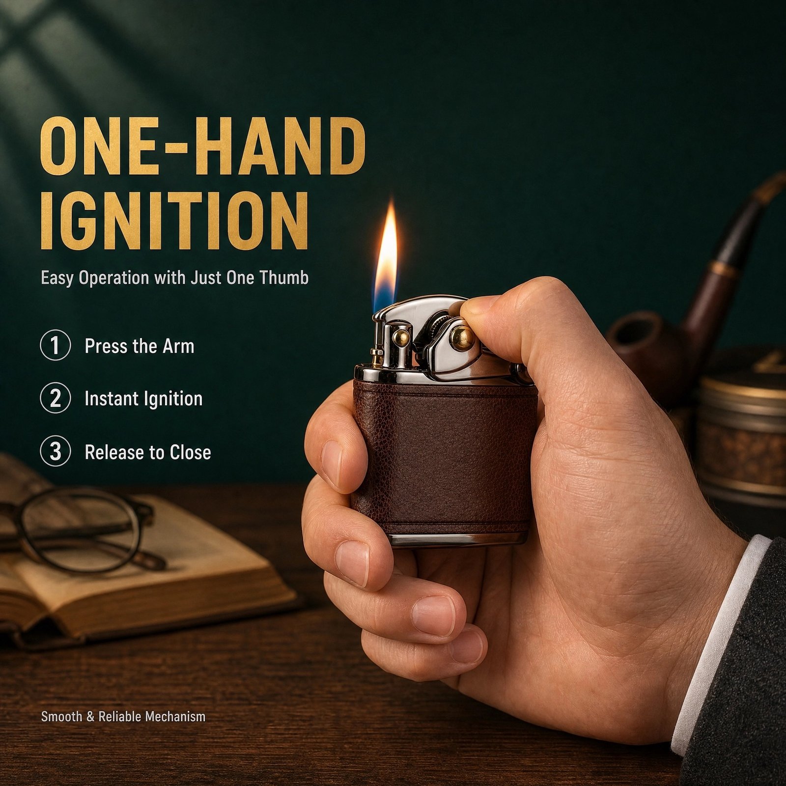 Vintage Leather Wrapped Kerosene Lighter - One-Hand Ignition, Windproof, Refillable - Image 2