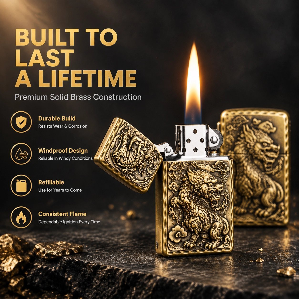 Vintage Chinese Pixiu Engraved Brass Lighter - 3D Relief Carving, Windproof, Refillable - Image 2