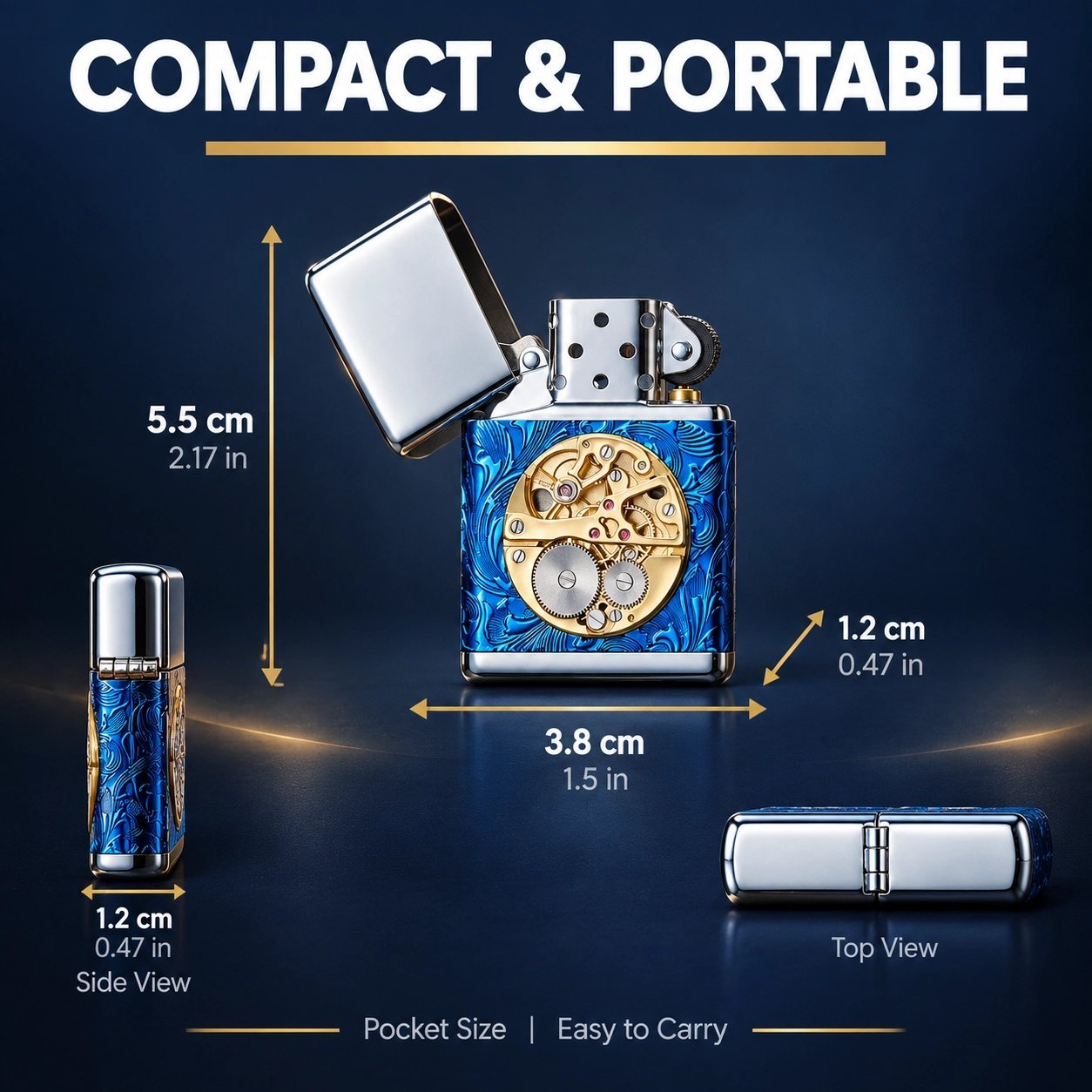 Vintage Mechanical Gear Blue Lighter - Exposed Movement Design, Windproof, Refillable - Image 2