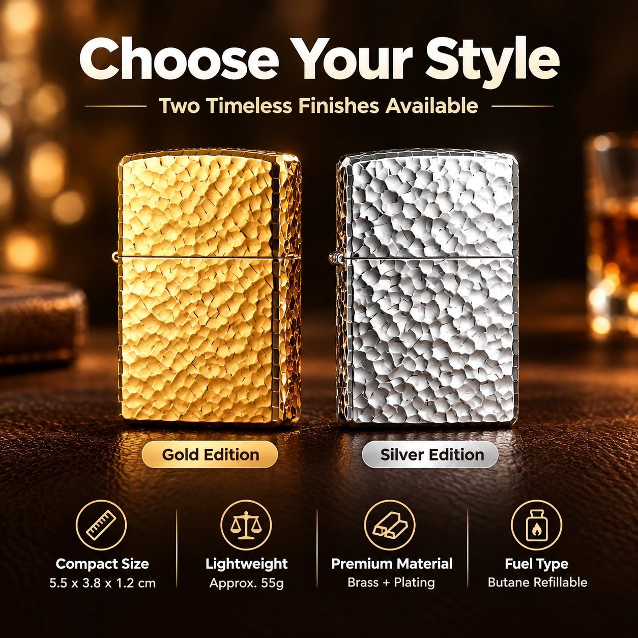 Hammered Texture Metal Lighter - Windproof, Refillable, Gold & Silver Options - Image 2