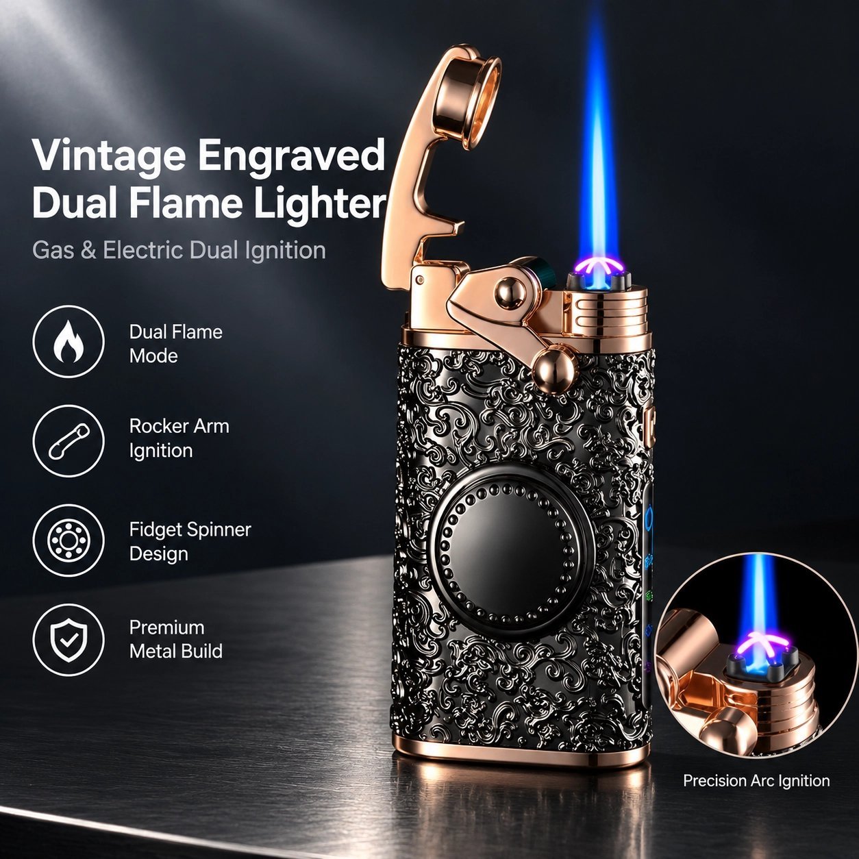 Vintage Tang Dynasty Pattern Dual Flame Lighter - Gas & Electric, Rocker Arm, Fidget Spinner - Image 2