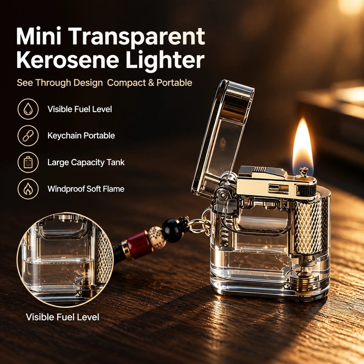Mini Transparent Kerosene Lighter - Visible Fuel Level, Windproof, Keychain Design - Image 2