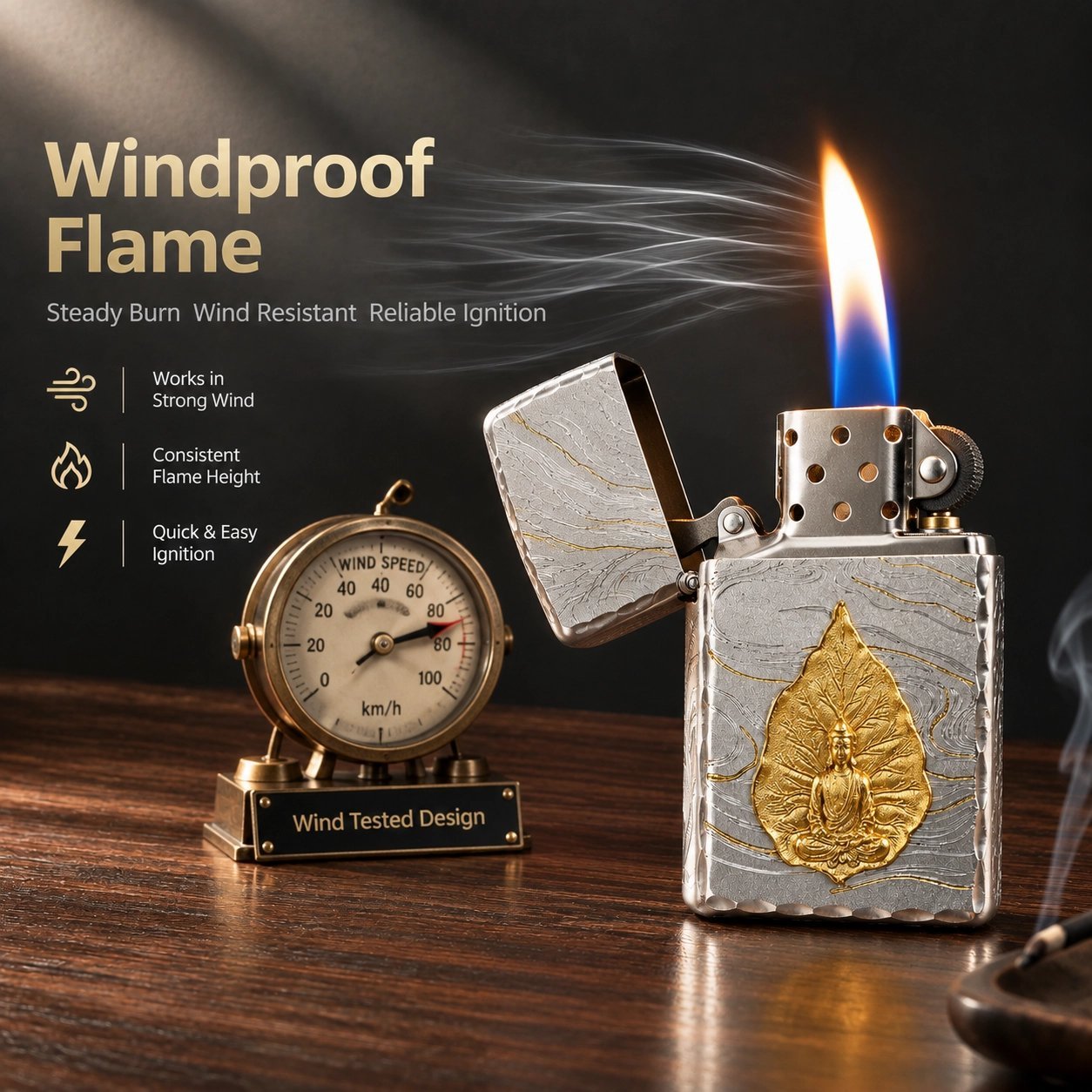 Buddha Leaf Lighter - 3D Relief Craftsmanship, Windproof, Refillable Metal - Image 2