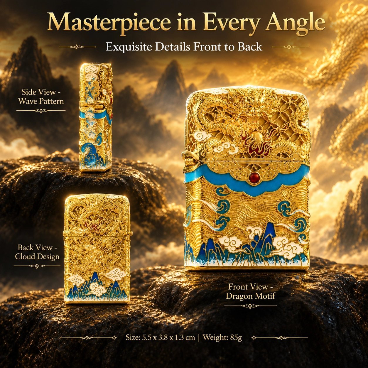 Golden Dragon Enamel Lighter - 3D Carving, Refillable, Gift Box Packaging - Image 2