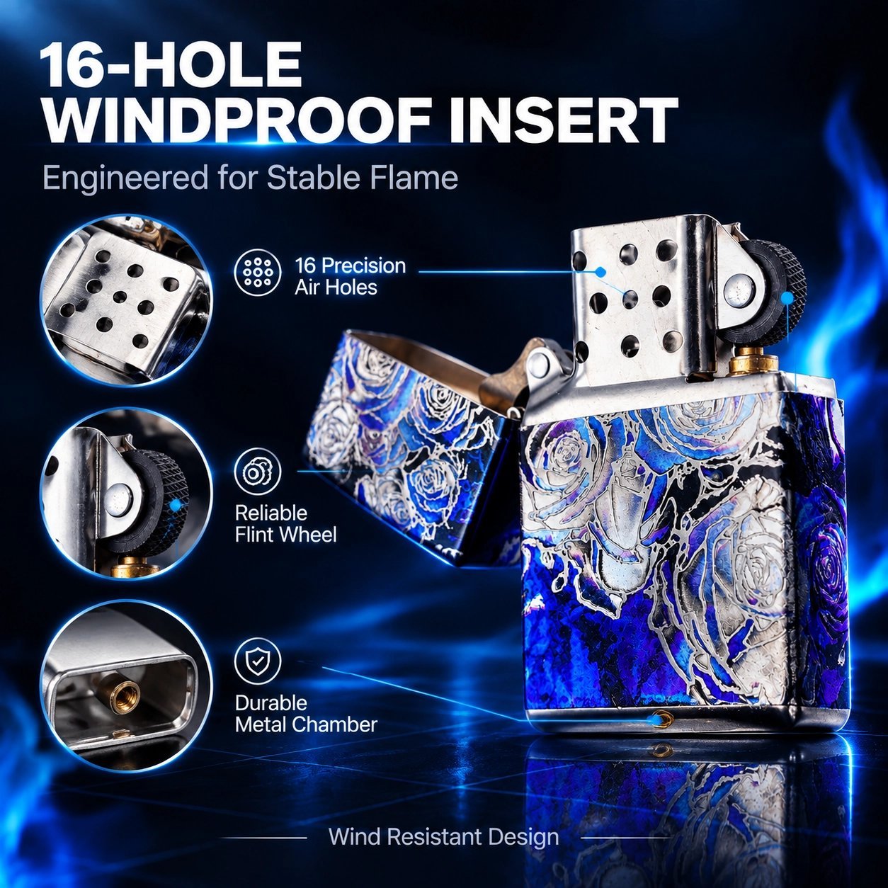 Blue Rose Windproof Lighter - 16-Hole Insert, Stable Flame, Refillable Metal - Image 2