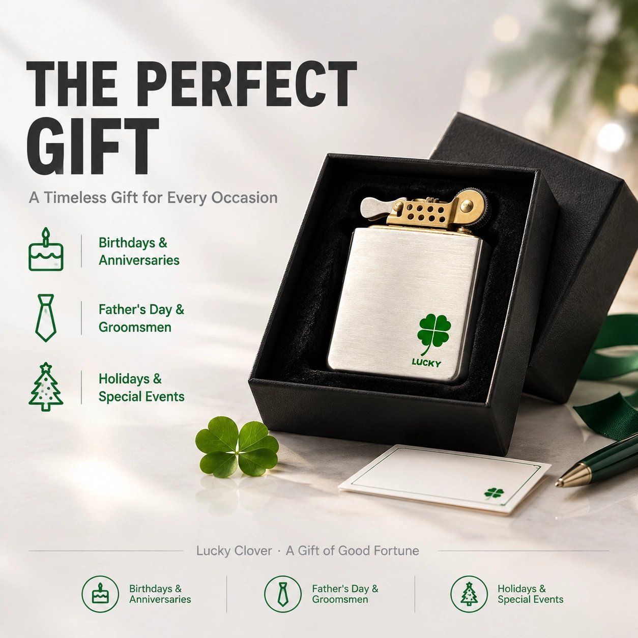 Lucky Clover Brushed Metal Lighter - Stainless Steel, Vintage Flint, Windproof - Image 2