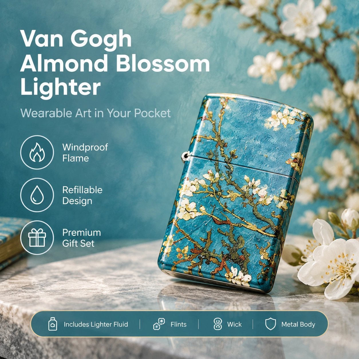 Van Gogh Almond Blossom Windproof Lighter - Refillable Metal, Gift Set with Fluid & Flints - Image 2