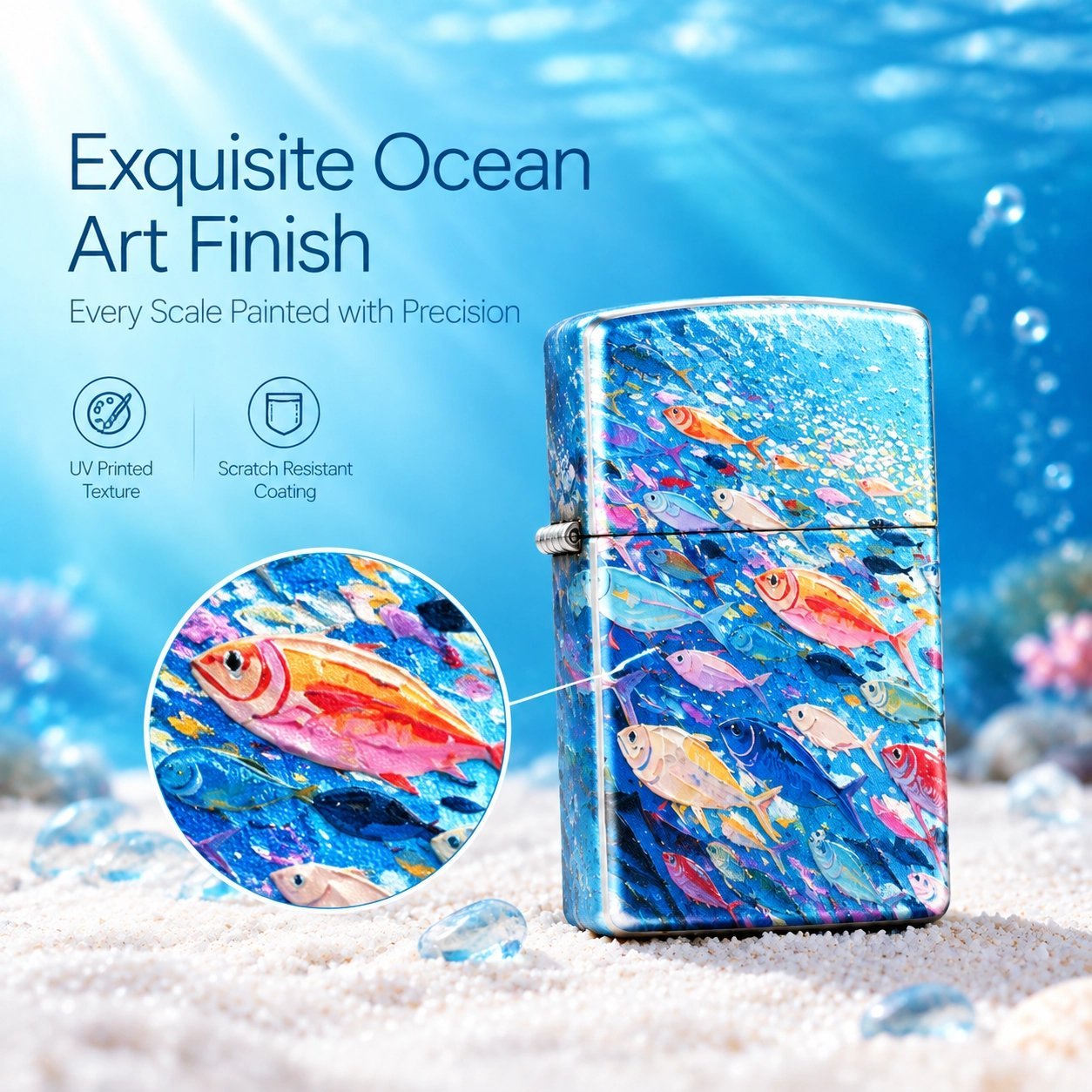 Ocean Fish Pattern Windproof Lighter - Vibrant Underwater Art, Refillable Metal - Image 2