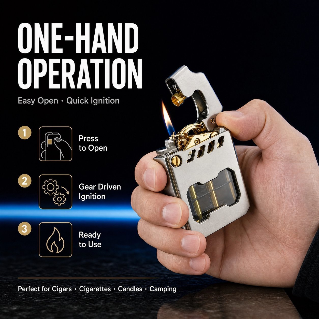 Mechanical Gear Kerosene Lighter - Visible Fuel Tank, Stainless Steel, Windproof - Image 3
