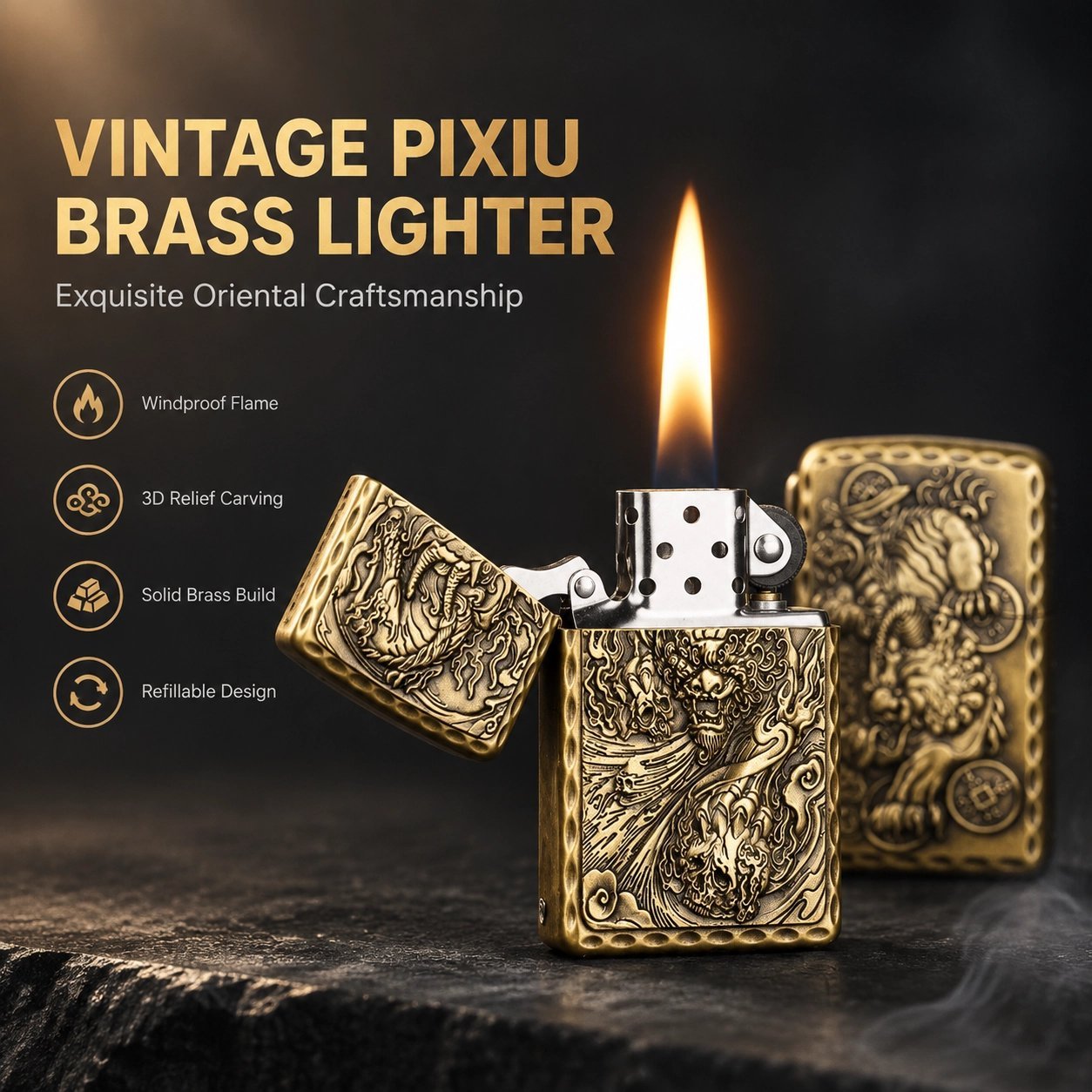 Vintage Chinese Pixiu Engraved Brass Lighter - 3D Relief Carving, Windproof, Refillable - Image 3