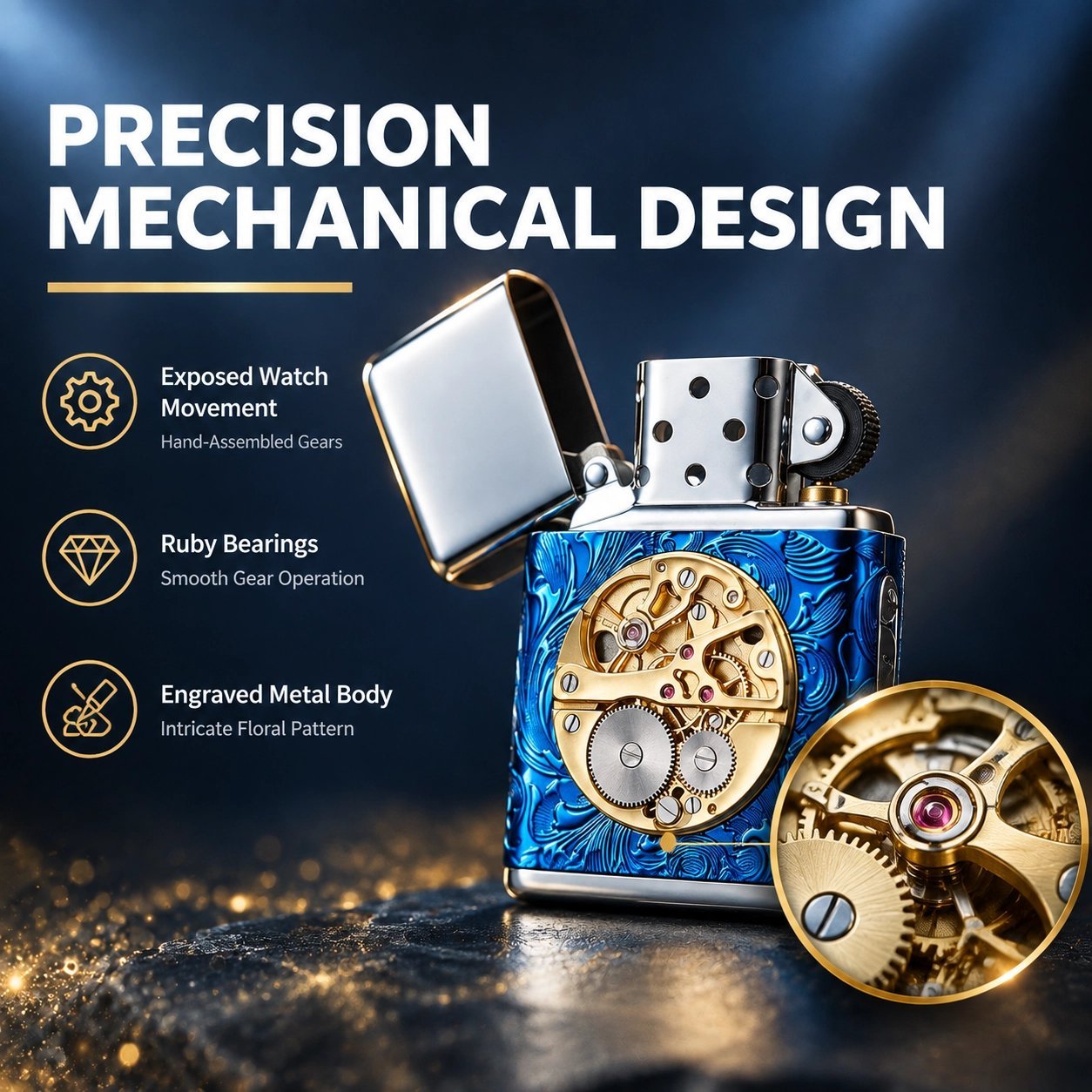 Vintage Mechanical Gear Blue Lighter - Exposed Movement Design, Windproof, Refillable - Image 3