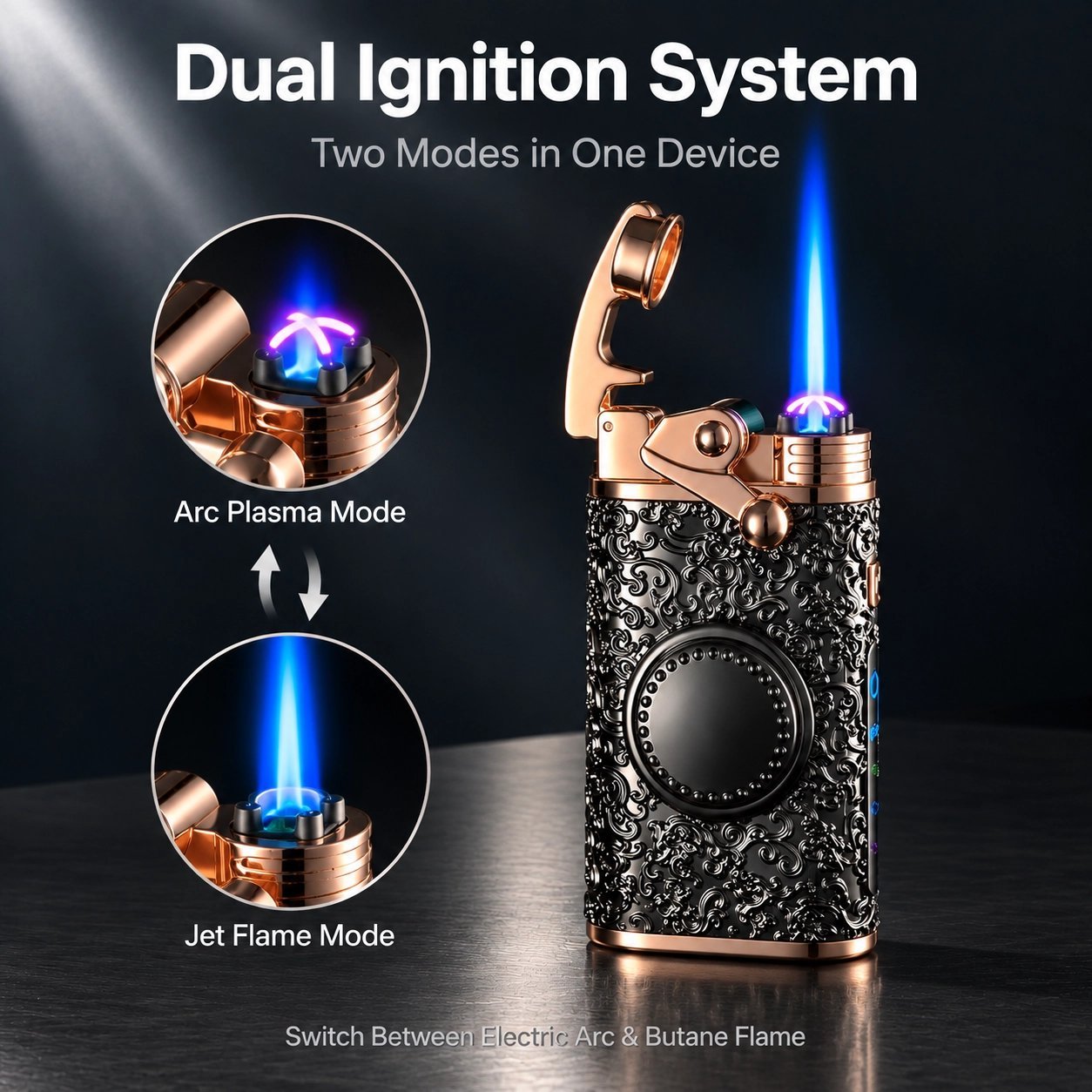Vintage Tang Dynasty Pattern Dual Flame Lighter - Gas & Electric, Rocker Arm, Fidget Spinner - Image 3