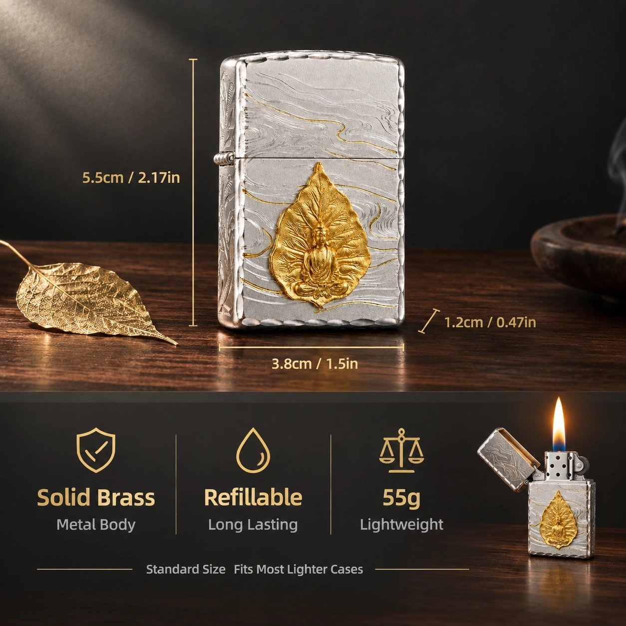 Buddha Leaf Lighter - 3D Relief Craftsmanship, Windproof, Refillable Metal - Image 3