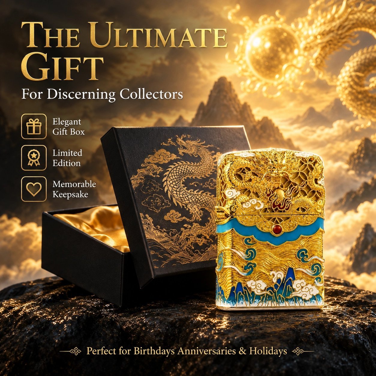 Golden Dragon Enamel Lighter - 3D Carving, Refillable, Gift Box Packaging - Image 3