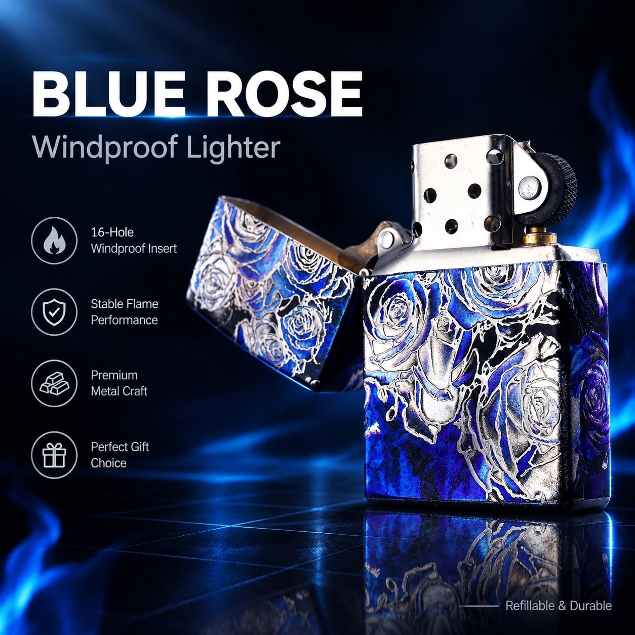 Blue Rose Windproof Lighter - 16-Hole Insert, Stable Flame, Refillable Metal - Image 3