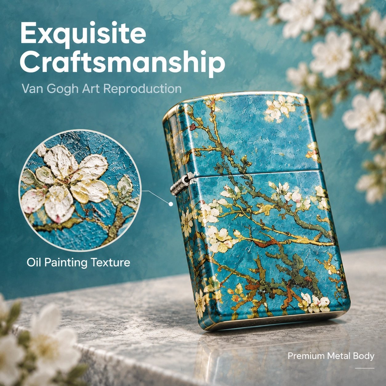 Van Gogh Almond Blossom Windproof Lighter - Refillable Metal, Gift Set with Fluid & Flints - Image 3