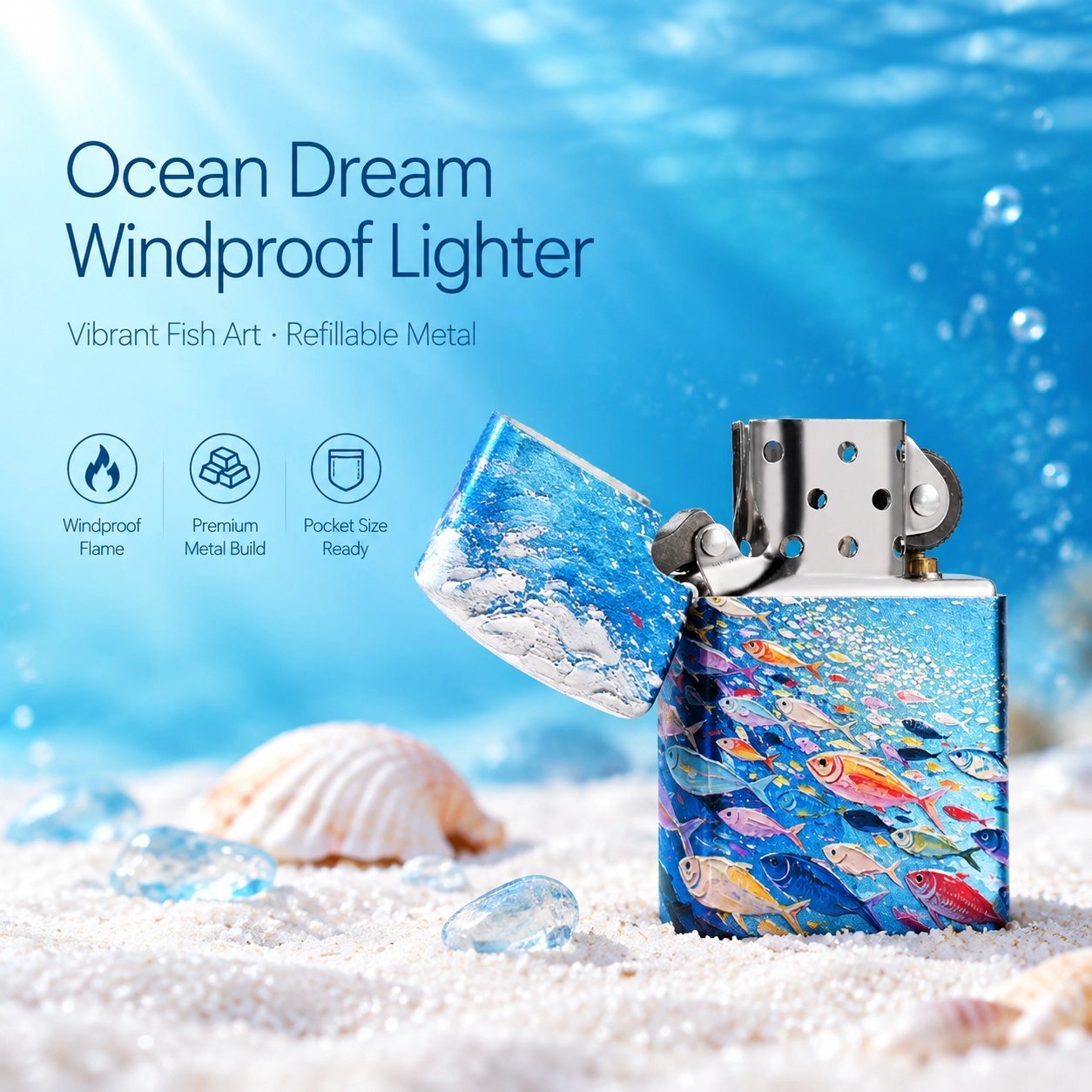 Ocean Fish Pattern Windproof Lighter - Vibrant Underwater Art, Refillable Metal - Image 3