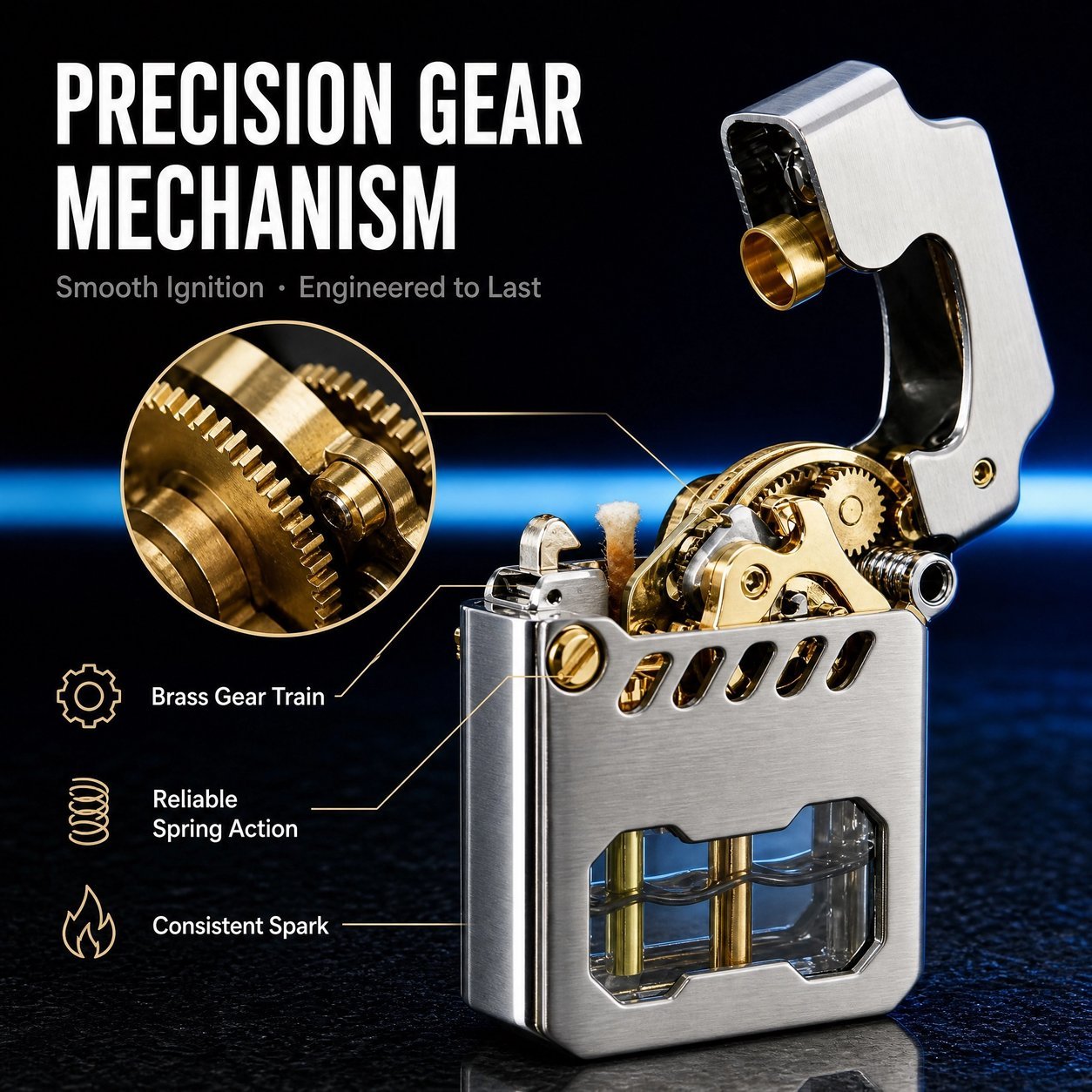Mechanical Gear Kerosene Lighter - Visible Fuel Tank, Stainless Steel, Windproof - Image 4