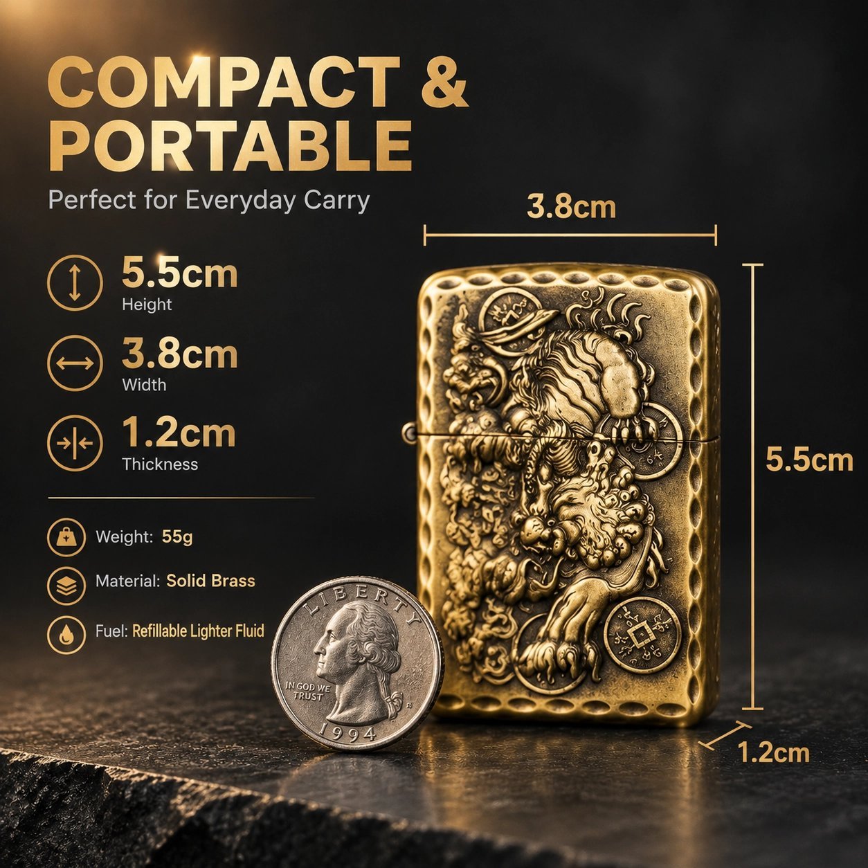 Vintage Chinese Pixiu Engraved Brass Lighter - 3D Relief Carving, Windproof, Refillable - Image 4