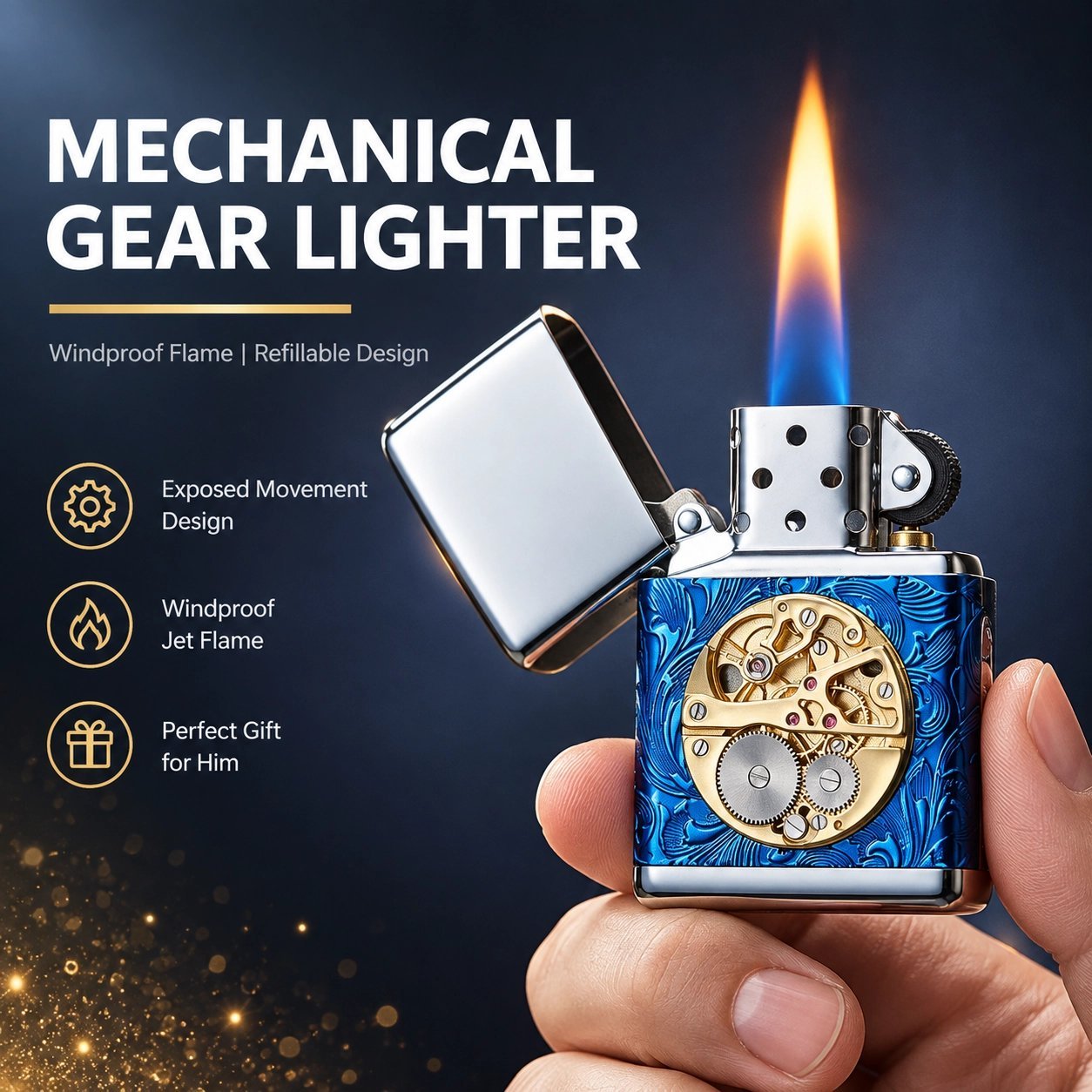 Vintage Mechanical Gear Blue Lighter - Exposed Movement Design, Windproof, Refillable - Image 4