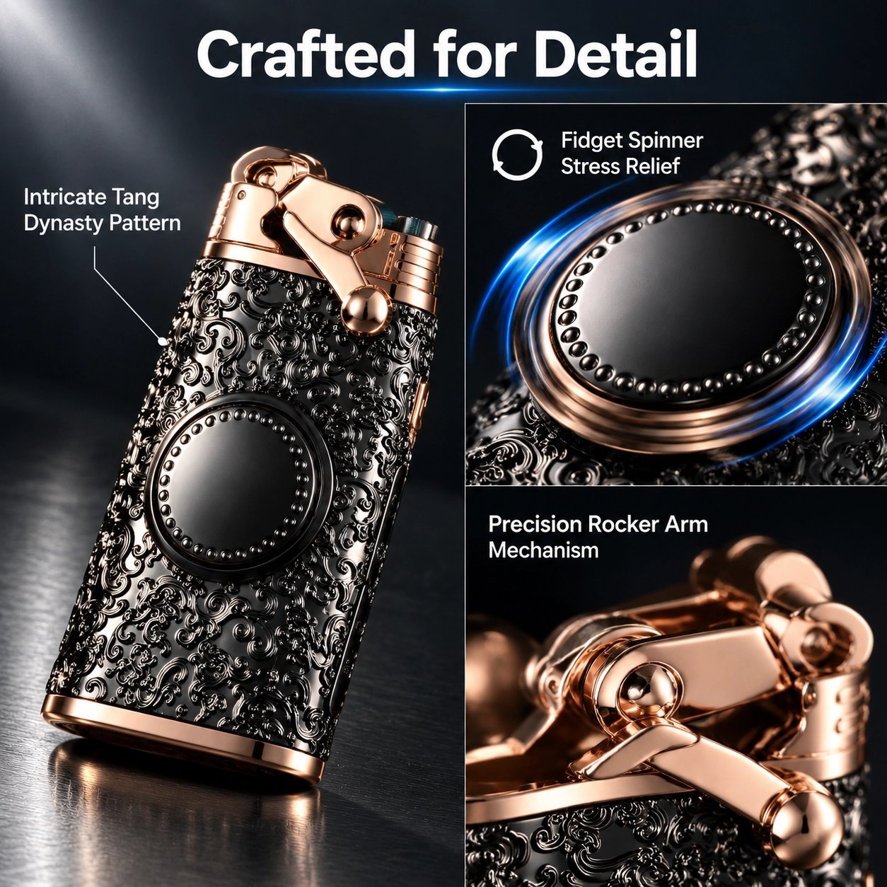 Vintage Tang Dynasty Pattern Dual Flame Lighter - Gas & Electric, Rocker Arm, Fidget Spinner - Image 4