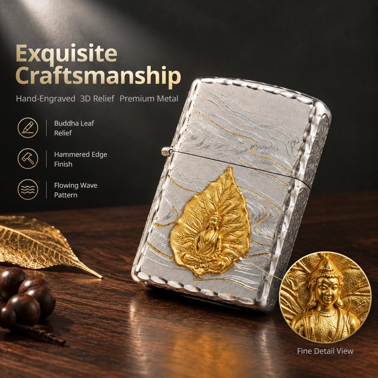 Buddha Leaf Lighter - 3D Relief Craftsmanship, Windproof, Refillable Metal - Image 4